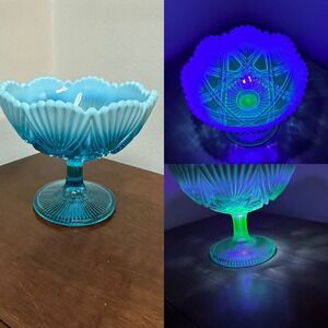 1896 DAVIDSON? Blue PEARLINE Opalescent Pedestal Bowl Compote Candy Dish